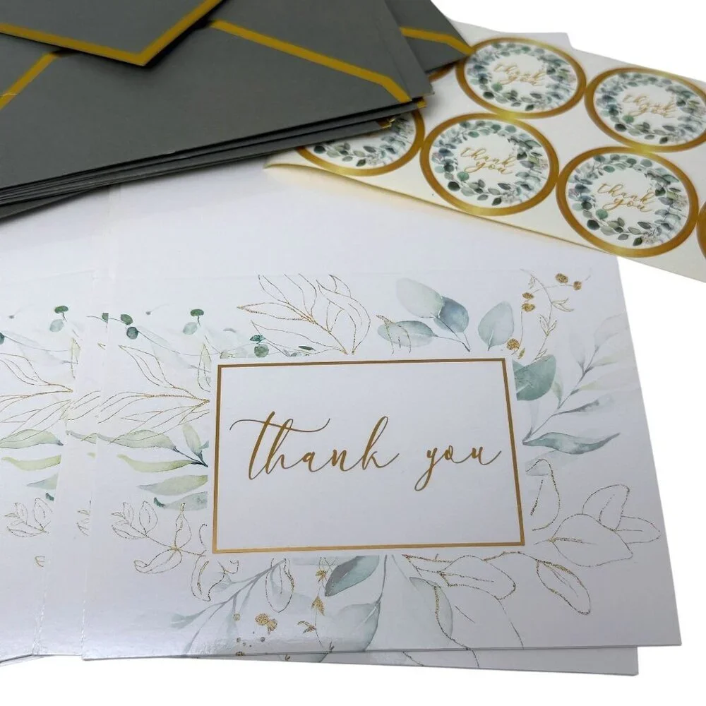 Thank you Cards Set of 10 Green Leaf Design w/ Stickers and Envelopes 3.75x5